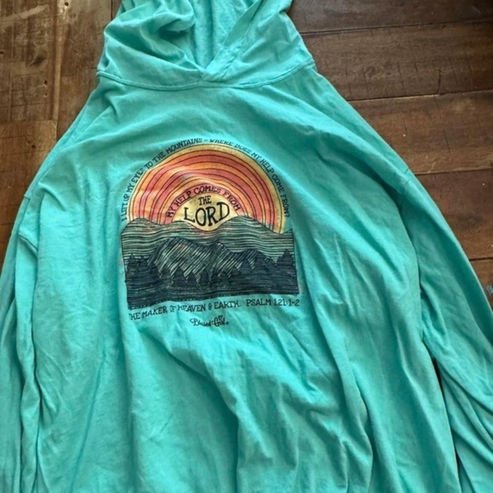 Blessed Girl Teal Psalm 121 Mountain Graphic Hooded Long Sleeve T-Shirt Large